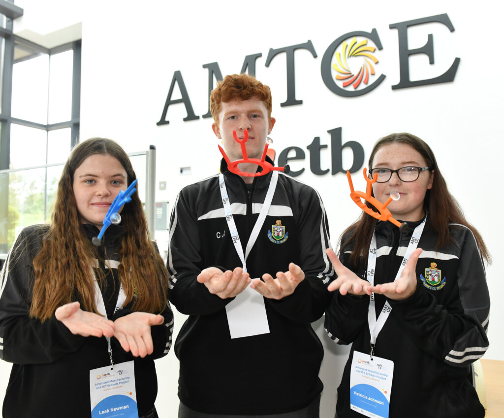 Students from St. Oliver's Community College, Drogheda with their teachers, Damien English, TD Minister for State for Business, Employment and Retail, Barry Kennedy, CEO of the IMR, Martin O'Brien, CEO of the LMETB, Paddy Lavelle, General Secretary of the ETBI at the AMTCE.